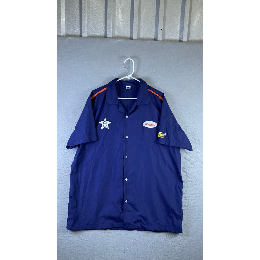 Houston Astros Work Shirt Mens XL Blue Excellent Brown 58 Mustang CAT Hunter